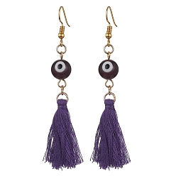 Medium Purple Evil Eye Lampwork & Tassel Earrings, Golden Iron Long Dangle Earrings, Medium Purple, 70~72x17~22mm