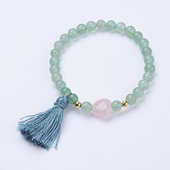 Aventurine Verte Bracelets de charme pompon, avec des perles vertes naturelles aventurine, ronde, 2 pouces (52 mm)
