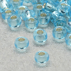 Azul Cielo 8/0 calificar unas cuentas redondas de semillas de vidrio, plata forrada, luz azul cielo, 8/0, 3x2 mm, agujero: 1 mm, sobre 10000 unidades / libra