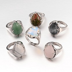 Mixed Stone Teardrop Platinum Tone Brass Gemstone Adjustable Wide Band Rings, Natural & Synthetic Mixed Stone, 18mm, Tray: 20x17mm
