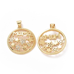 Golden Brass Cubic Zirconia Pendants, Flat Round with Star & Word Mama Charm, Golden, 25.5x24x4mm, Hole: 3x5mm