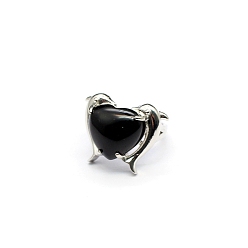 Обсидиан Регулируемые кольца в форме сердца из натурального обсидиана, платиновое латунное кольцо, размер США 8 (18.1 мм)