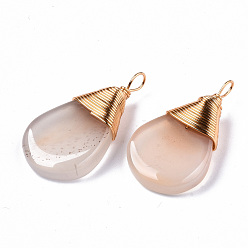 Natural Agate Natural White Agate Pendants, Gold Copper Wire Wrapped Pendants, Teardrop, 37~40x19~21x9~10mm, Hole: 3~4mm