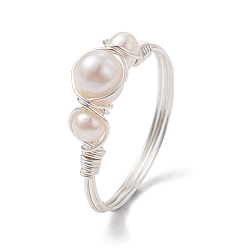 Silver Copper Wire Wrapped Natural Cultured Freshwater Pearl Open Ring, Cuff Finger Ring for Women, Silver, US Size 8 3/4(18.7mm), 1.4~6mm
