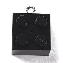 Black Resin Pendants, with Platinum Iron Loop, Toy Bricks, Black, 21x15.5x11mm, Hole: 2.6mm