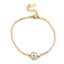 Golden 304 Stainless Steel Evil Eye Link Bracelets, with Enamel and Lobster Claw Clasps, White, Golden, 7-1/8 inch(18cm)