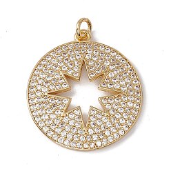 Real 18K Gold Plated Brass Micro Pave Clear Cubic Zirconia Pendants, with Jump Ring, Cadmium Free & Nickel Free & Lead Free, Rack Plating, Flat Round with Star Pattern, Real 18K Gold Plated, 27.5x24.5x2.5mm, Hole: 3mm