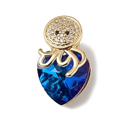 Medium Blue Real 18K Gold Plated Rack Plating Brass Micro Pave Cubic Zirconia Pendants, with Glass, Long-Lasting Plated, Cadmium Free & Lead Free, Octopus & Heart, Medium Blue, 20x11.5x10mm, Hole: 4x4mm
