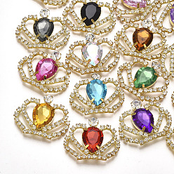 Mixed Color Brass Cabochons, with Acrylic Rhinestone and Glass Rhinestone, Crown, Golden, Mixed Color, 28~29x35~38x6mm