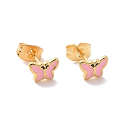 Pink Enamel Butterfly Stud Earrings with 316L Surgical Stainless Steel Pins, Gold Plated 304 Stainless Steel Jewelry for Women, Pink, 7.5x5.5mm, Pin: 0.7mm