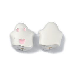 Pink Alloy Enamel Beads, Matte Silver Color, Ghost, Pink, 10x9x4.5mm, Hole: 1.4mm