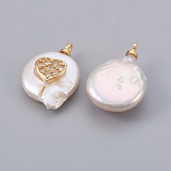 Clair Pendentifs de perles d'eau douce de culture naturelle, avec les accessoires de zircone et en laiton cubes, plaqué longue durée, réel 18 k plaqué or, cœur, clair, 14~21x9~16x5~9mm, Trou: 1.5mm