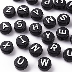 Silver Plated Opaque Black Acrylic Beads, Metal Enlaced, Horizontal Hole, Cube with Random Letters, Silver Plated, 10x6mm, Hole: 2mm, about 1560pcs/500g