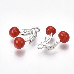 Real Platinum Plated Brass Charms, with Enamel, Cherry, Red, Nickel Free, Real Platinum Plated, 14x13x5mm, Hole: 1.6mm
