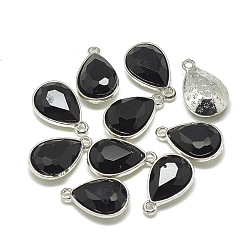 Black Alloy Glass Charms, Faceted, teardrop, Platinum, Black, 14.5x9x5mm, Hole: 1.5mm