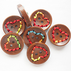 Saddle Brown Round Painted 2-Hole Buttons with Colorful Thread , Wooden Buttons, Saddle Brown, 20mm