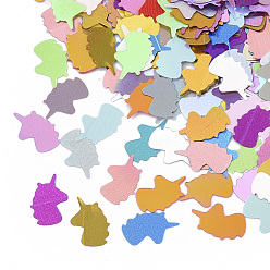 Color mezclado Accesorios de adorno, cuentas de lentejuelas / paillette de plástico para mascotas, sin agujero / perlas sin perforar, unicornio, color mezclado, 8.5x5.5x0.1 mm, sobre 1800 unidades / bolsa