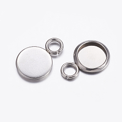 Stainless Steel Color 304 Stainless Steel Pendant Cabochon Settings, Plain Edge Bezel Cups, Flat Round, Stainless Steel Color, Tray: 14mm, 19.5x16x2mm, Hole: 2.2mm
