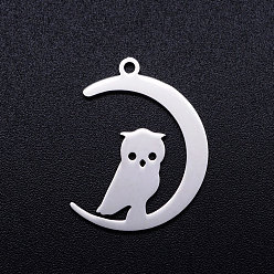 Stainless Steel Color 201 Stainless Steel Pendants, Crescent Moon with Owl, Stainless Steel Color, 23.5x17.5x1mm, Hole: 1.5mm