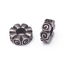 Antique Silver 304 Stainless Steel European Beads, Large Hole Beads, Flower, Antique Silver, 13.5x5.5mm, Hole: 5.5mm