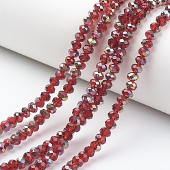FireBrick Electroplate Transparent Glass Beads Strands, Half Rose Gold Plated, Faceted, Rondelle, FireBrick, 4x3mm, Hole: 0.4mm, about 123~127pcs/strand, 16.5~16.9 inch(42~43cm)