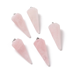Quartz Rose Naturel a augmenté pendentifs en quartz, avec les accessoires en laiton plaqués de platine, facette, cône, 35~36x13~14x12~12.5mm, Trou: 2.7x6.5mm