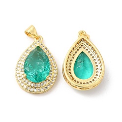 Green Real 16K Gold Plated Brass Micro Pave Cubic Zirconia Pendants, with Glass, Teardrop Charms, Green, 23.5x16x7mm, Hole: 5x3.5mm