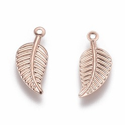 Rose Gold 304 Stainless Steel Charms, Leaf, Rose Gold, 14.5x6x0.5mm, Hole: 0.8mm
