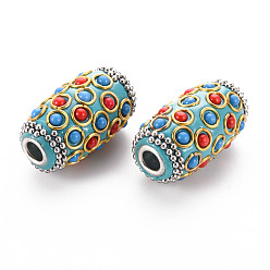Dark Turquoise Handmade Indonesia Beads, with Metal Findings and Resin Cabochons, Platinum & Golden, Oval, Dark Turquoise, 32x16.5~17mm, Hole: 4.5mm