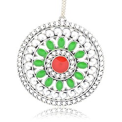 Red Antique Silver Plated Alloy Enamel Flat Round Big Pendants, Hollow, Red, 55x52x2mm, Hole: 2mm