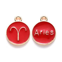 Aries Alloy Enamel Pendants, Flat Round with Constellation, Light Gold, Red, Aries, 15x12x2mm, Hole: 1.5mm, 50pcs/Box