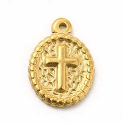 Oro 304 colgantes de acero inoxidable, oval con encantos cruzados, dorado, 18x12.5x2 mm, agujero: 1.4 mm