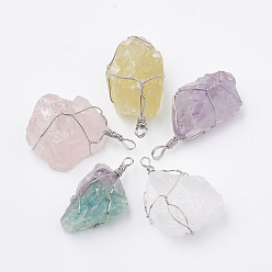 Mixed Stone Natural Gemstone Pendants, with Brass Findings, Nuggets, Platinum, 45~50x25~40x14~25mm, Hole: 3~5mm