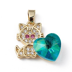 Dark Cyan Real 18K Gold Plated Rack Plating Brass Micro Pave Cubic Zirconia Pendants, with Glass, Long-Lasting Plated, Cadmium Free & Lead Free, Cat with Heart, Dark Cyan, 21x19.5x7.5mm, Hole: 3.5x5mm