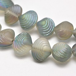Dark Khaki Frosted Electroplate Glass Shell Beads Strands, Rainbow Plated, Dark Khaki, 12x14.5x10mm, Hole: 1mm, about 32pcs/strand, 16 inch