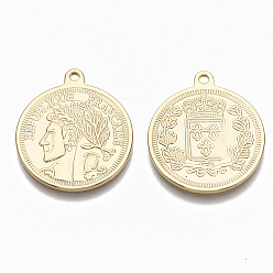 Real 18K Gold Plated Brass Coin Pendants, Nickel Free, with Words REPUBLIQUE FRANCAISE & Man Face, Real 18K Gold Plated, 26.5x23x1.5mm, Hole: 1.8mm