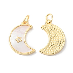Real 18K Gold Plated Rack Plating Brass Micro Pave Clear Cubic Zirconia Pendants, with Shell, Moon Charms, Long-Lasting Plated, Cadmium Free & Lead Free, Real 18K Gold Plated, 18x13x2.3mm, Hole: 3mm