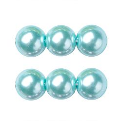 Aqua Brins de perles rondes en verre teinté écologique, Grade a, cordon en coton fileté, Aqua, 12mm, Trou: 0.7~1.1mm, Environ 34 pcs/chapelet, 15 pouce