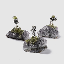 Peridot Natural Peridot Cluster & Alloy Miner Model Ornament, for Desk Home Decoration, 37~50x30~40x36.5~43.5mm