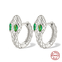 Зеленый Серьги-кольца из платины с родиевым покрытием в форме змеи 925 стерлингового серебра с микропаве циркония, зелёные, 14x12 мм