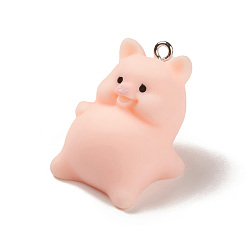 Pig Opaque Resin Pendants, Cute Pig Charms, with Platinum Plated Iron Loops, Pig, 20x19.5x25mm, Hole: 1.8mm