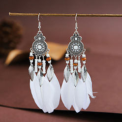 White Feather Chandelier Earrings, Antique Silver Plated Alloy Jewelry for Women, White, 110x22mm