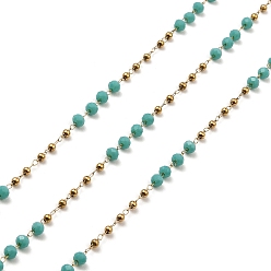 Light Sea Green Rondelle Glass Beaded Link Chains, with Golden 304 Stainless Steel Paperclip Chains, Soldered, with Spool, Light Sea Green, 3x2.5mm, 2mm, about 32.81 Feet(10m)/Roll