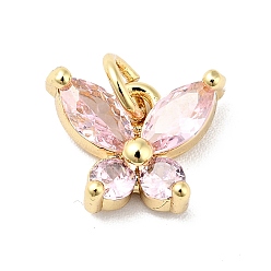 Perlas de Color Rosa Latón chapado en latón micro pavimentar cúbicos zirconia encantos, con anillo de salto, sin plomo y cadmio, real 18 k chapado en oro, encantos de la mariposa, rosa perla, 12.5 mm, agujero: 3 mm