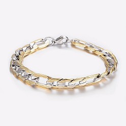 Golden & Stainless Steel Color Men's 304 Stainless Steel Figaro Chain Bracelets, with Lobster Clasps, Faceted, Golden & Stainless Steel Color, 8-1/4 inch(210mm), 9x2mm
