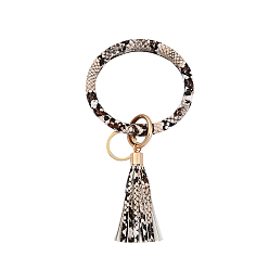 Lin Porte-clés bracelet en similicuir pu motif peau de serpent, porte-clés bracelet avec pompon et anneau en alliage, linge, 200x100mm