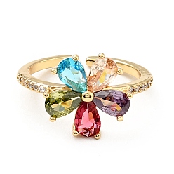 Real 18K Gold Plated Colorful Cubic Zirconia Flower Open Ring, Brass Jewelry for Women, Cadmium Free & Lead Free, Real 18K Gold Plated, US Size 7 1/4(17.5mm)
