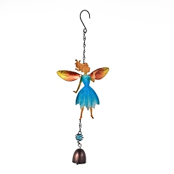 Deep Sky Blue Fairy Wind Chimes, with Bell, Glass and Iron Findings, for Home, Party, Festival Decor, Garden, Yard Decoration, Deep Sky Blue, 380x120mm