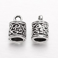 Античное Серебро Концевики для шнура, сплав, тибетский стиль, Торцевые крышки, колонка, античное серебро, 13x8 мм, отверстия: 2 mm, 5.5 mm внутреннего диаметра