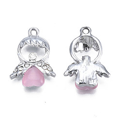 Pearl Pink UV Plating Alloy Pendants, with Cat Eye and Crystal Rhinestone, Platinum, Cadmium Free & Lead Free, Fairy, Pearl Pink, 24.5x16.5x4.5mm, Hole: 2mm